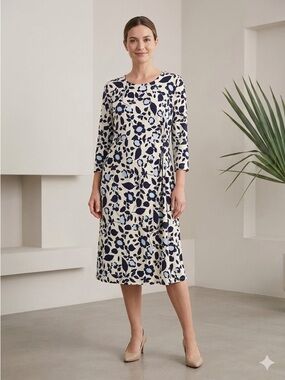 Lands' End Long Sleeve Floral Dress in Cream and Navy